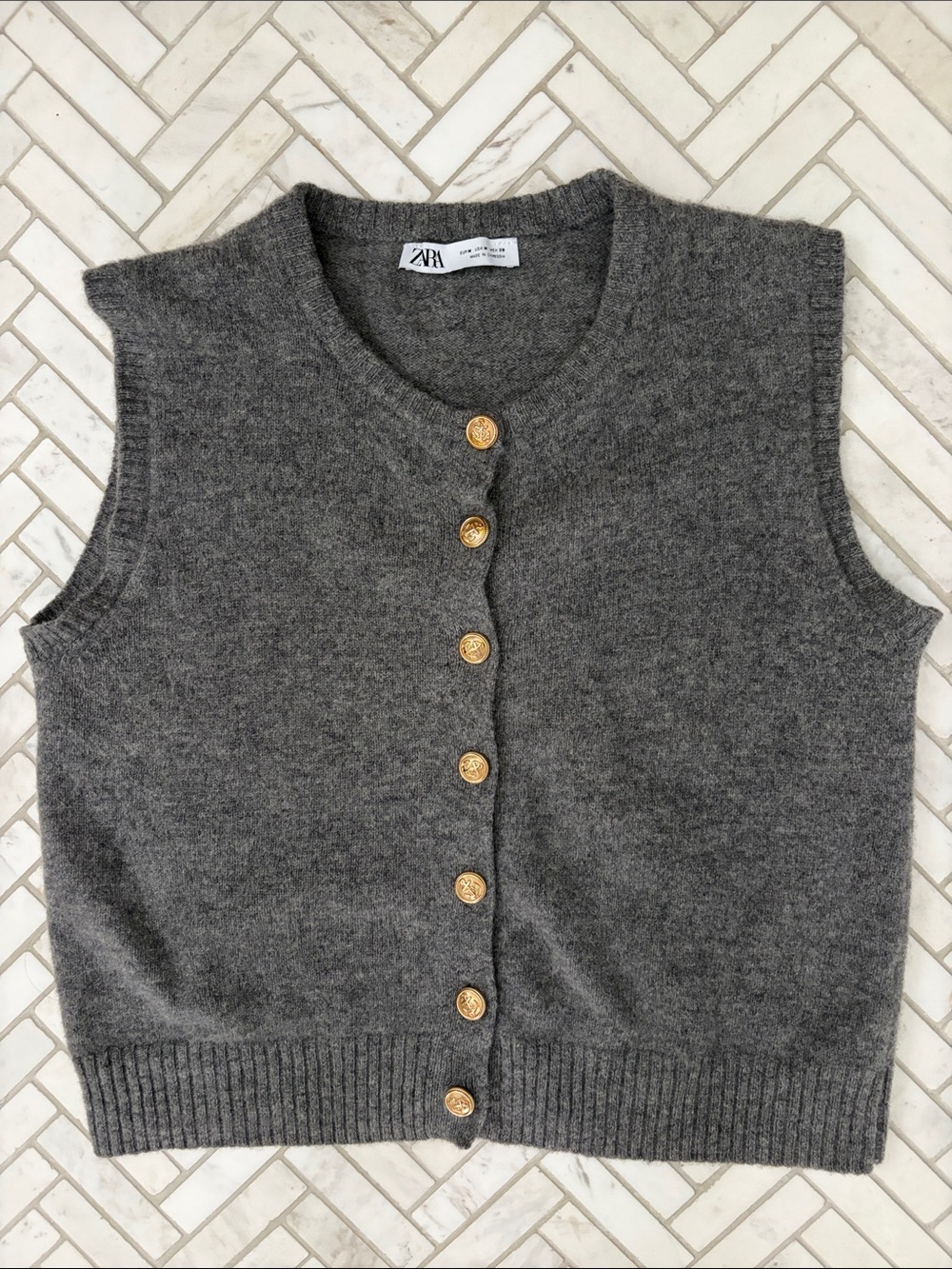 Zara Charcoal Gray Button-Up Knit Vest with Gold Buttons